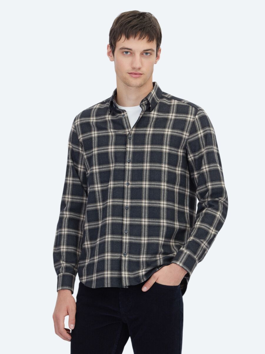 Antrasit Regular Fit Uzun Dokuma Casual Pamuk Karışımlı Gömlek - 1