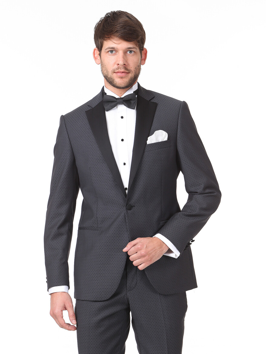 Antrasit Slim Fit Kelebek Yaka Dokuma Smokin Takım Elbise - 1