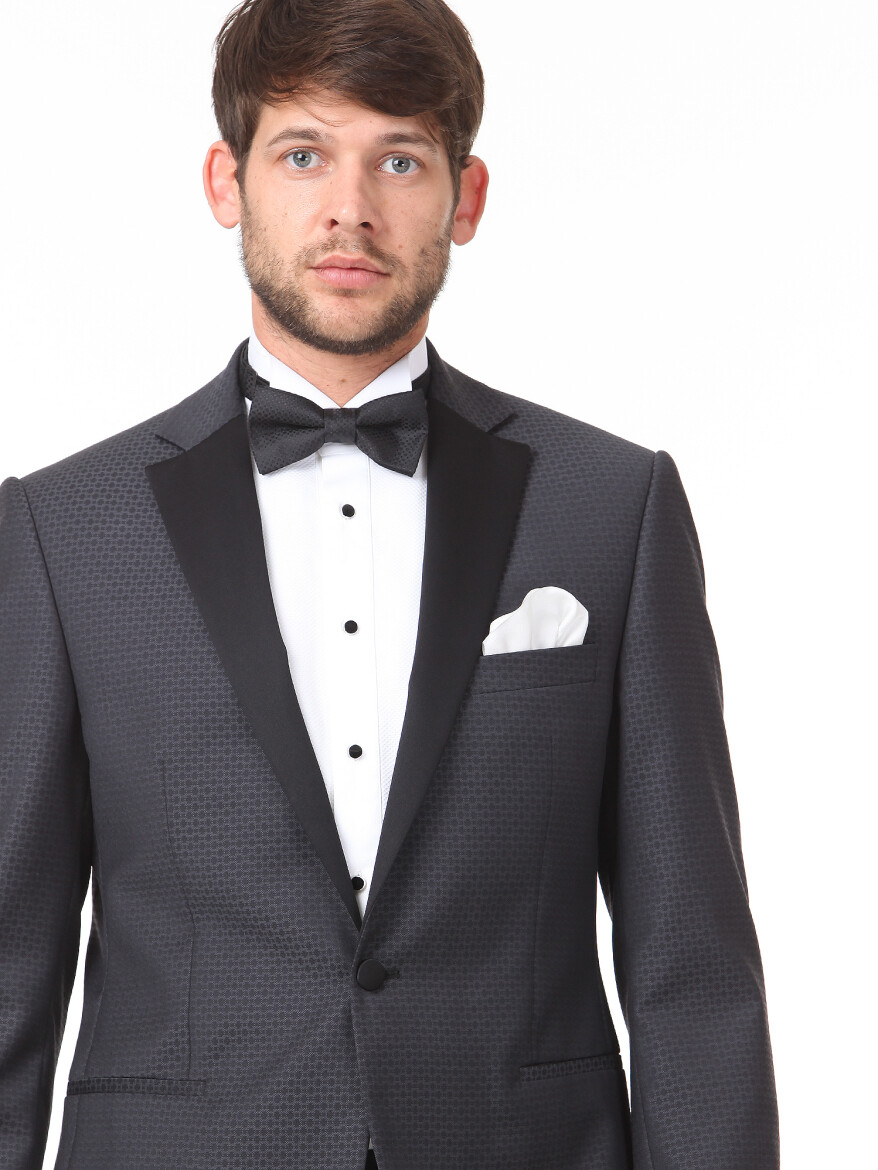 Antrasit Slim Fit Kelebek Yaka Dokuma Smokin Takım Elbise - 2