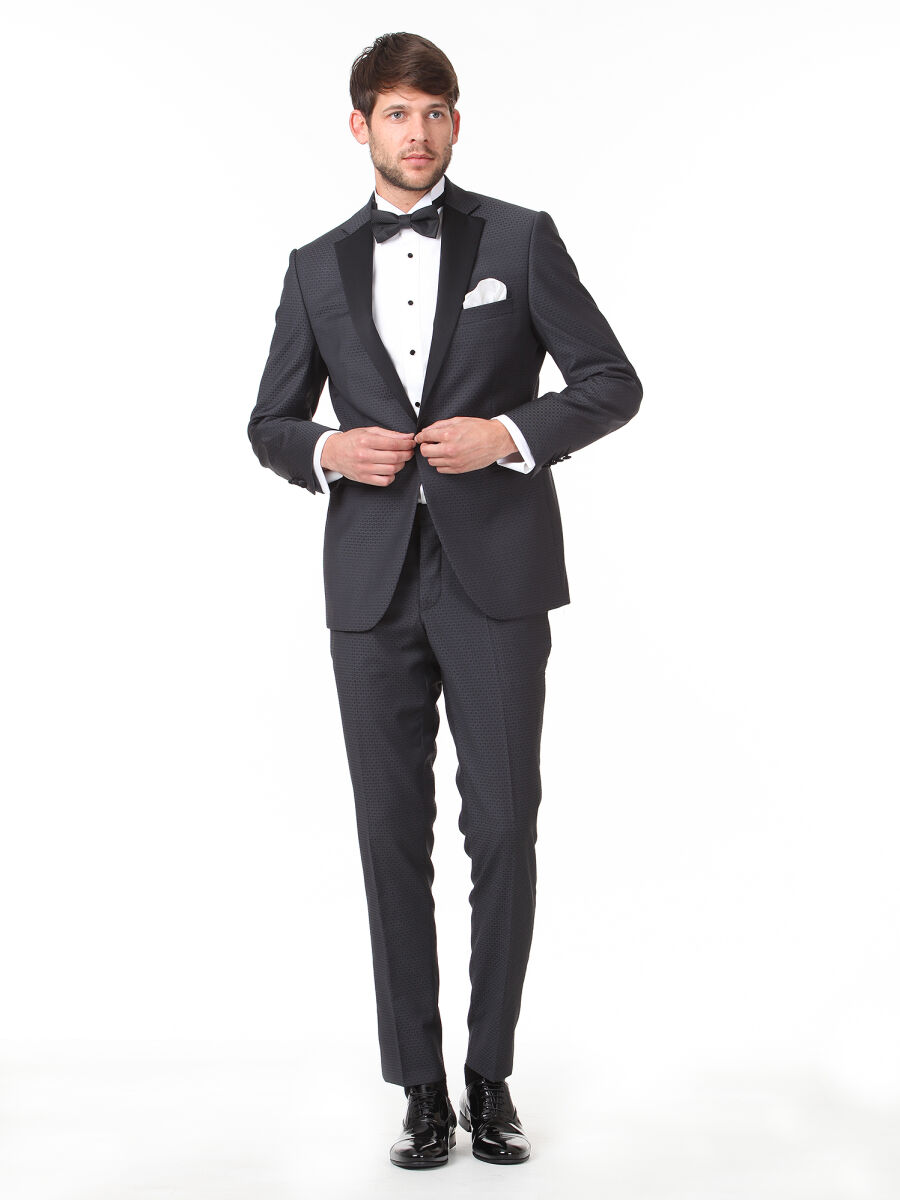 Antrasit Slim Fit Kelebek Yaka Dokuma Smokin Takım Elbise - 3