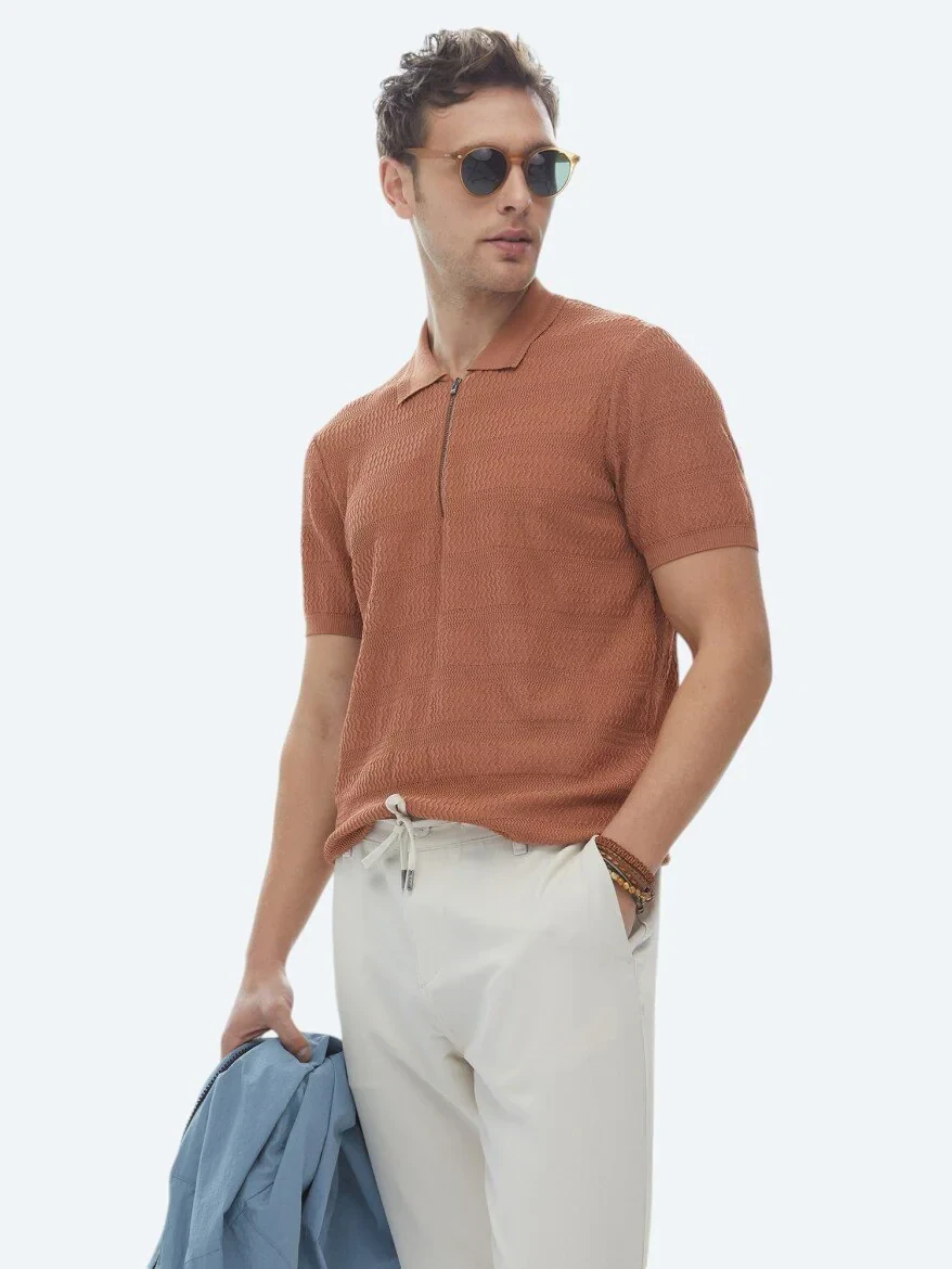 Bakır Polo Yaka Jakarlı Triko - 1