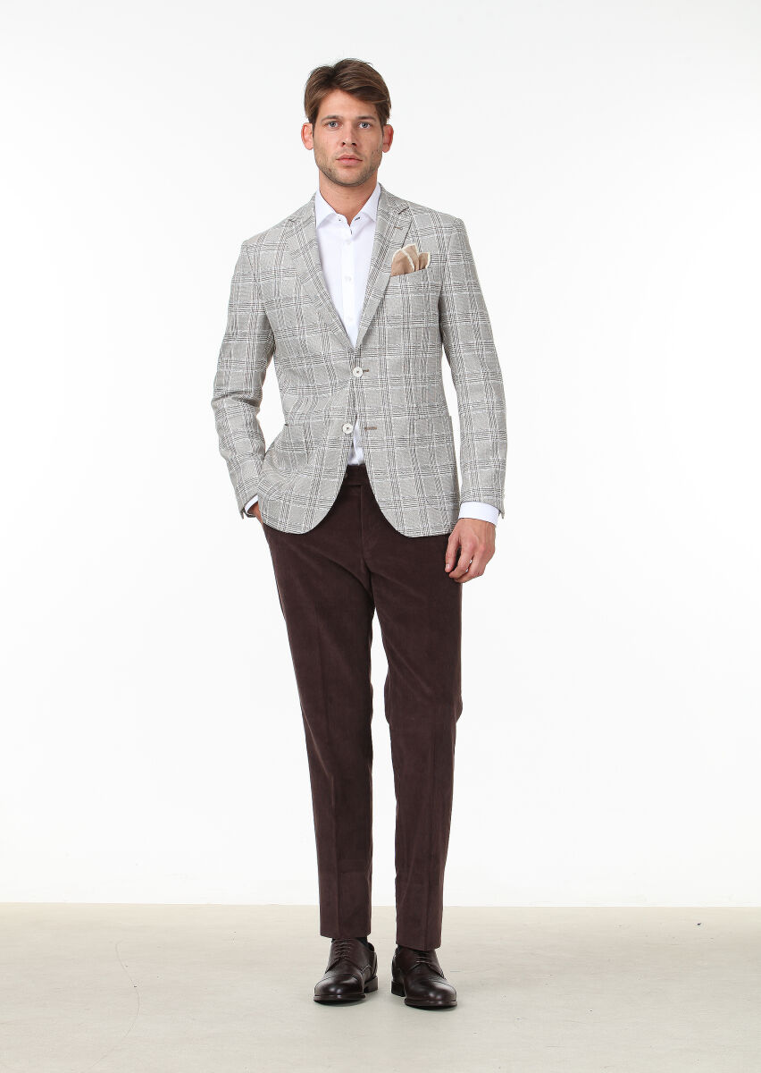 Beige Checkered Modern Fit Cotton Blended Jacket - 2