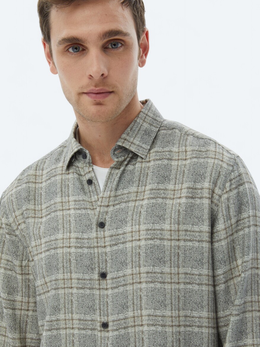 Beige Checkered Regular Fit Long Weaving Casual Shirt - 4