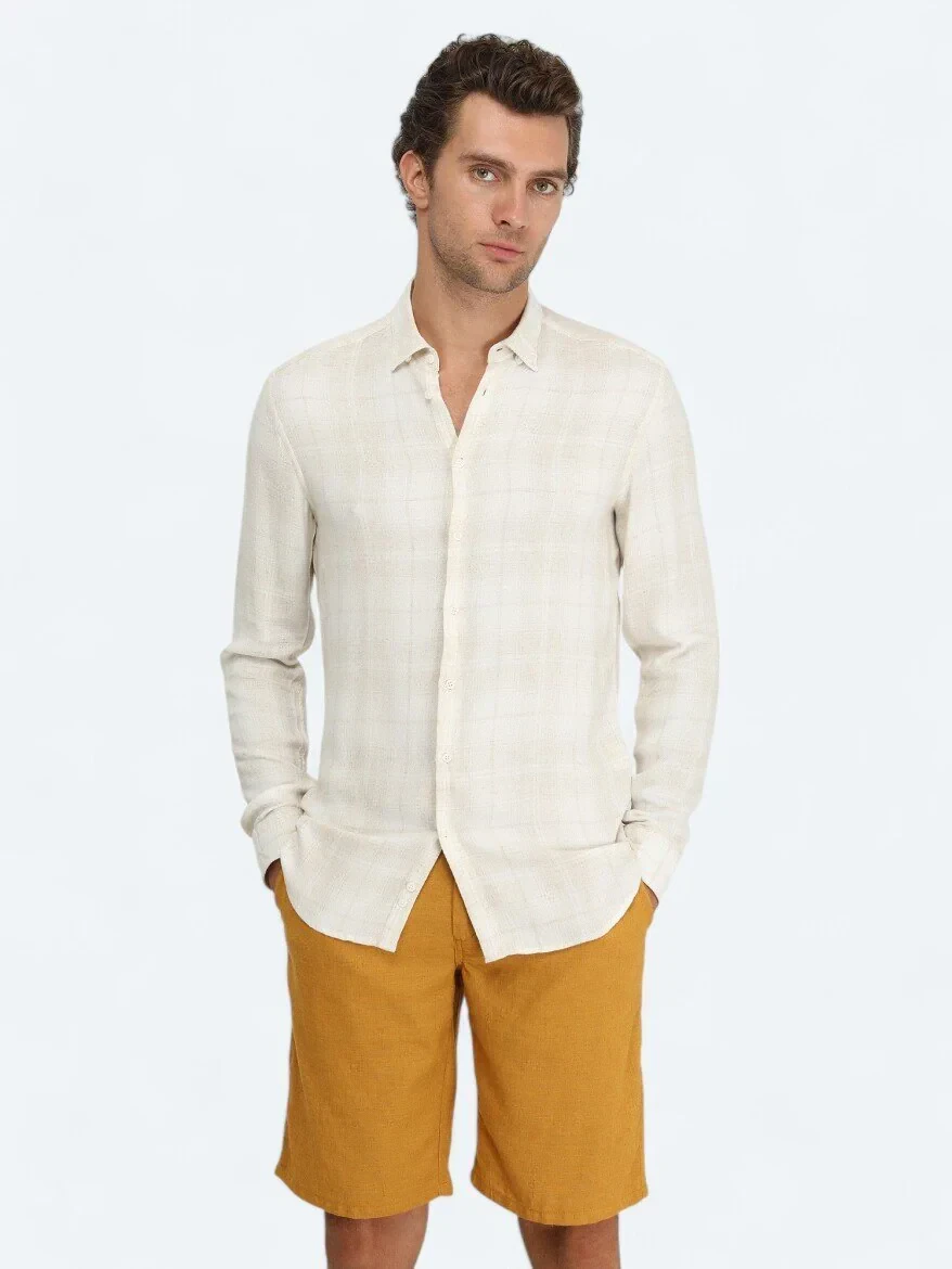 Beige Checkered Regular Fit Weaving Casual Linen Blended Shirt - 1