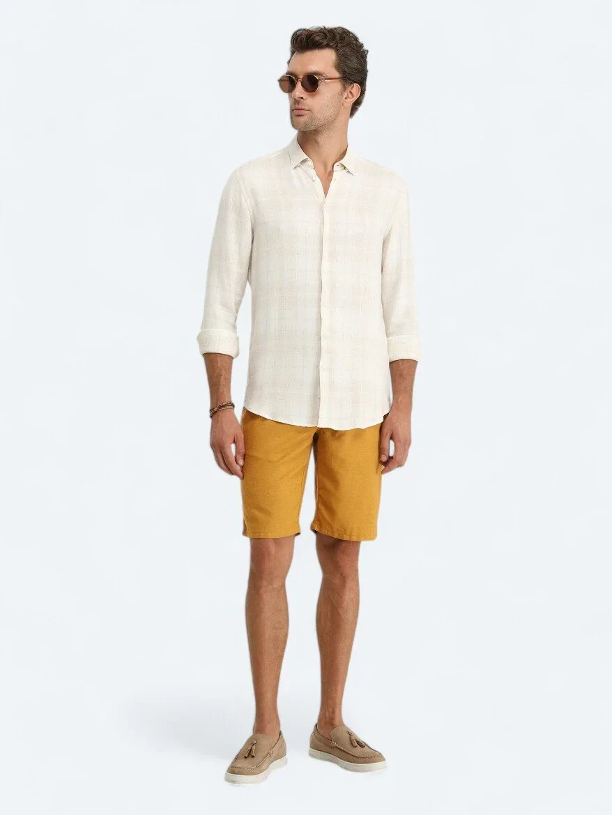 Beige Checkered Regular Fit Weaving Casual Linen Blended Shirt - 2