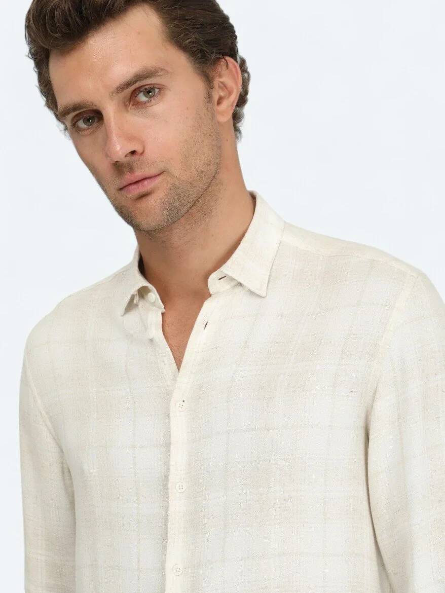Beige Checkered Regular Fit Weaving Casual Linen Blended Shirt - 3