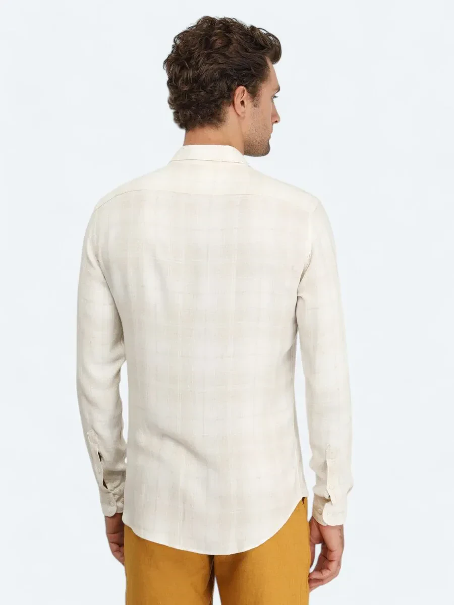 Beige Checkered Regular Fit Weaving Casual Linen Blended Shirt - 4