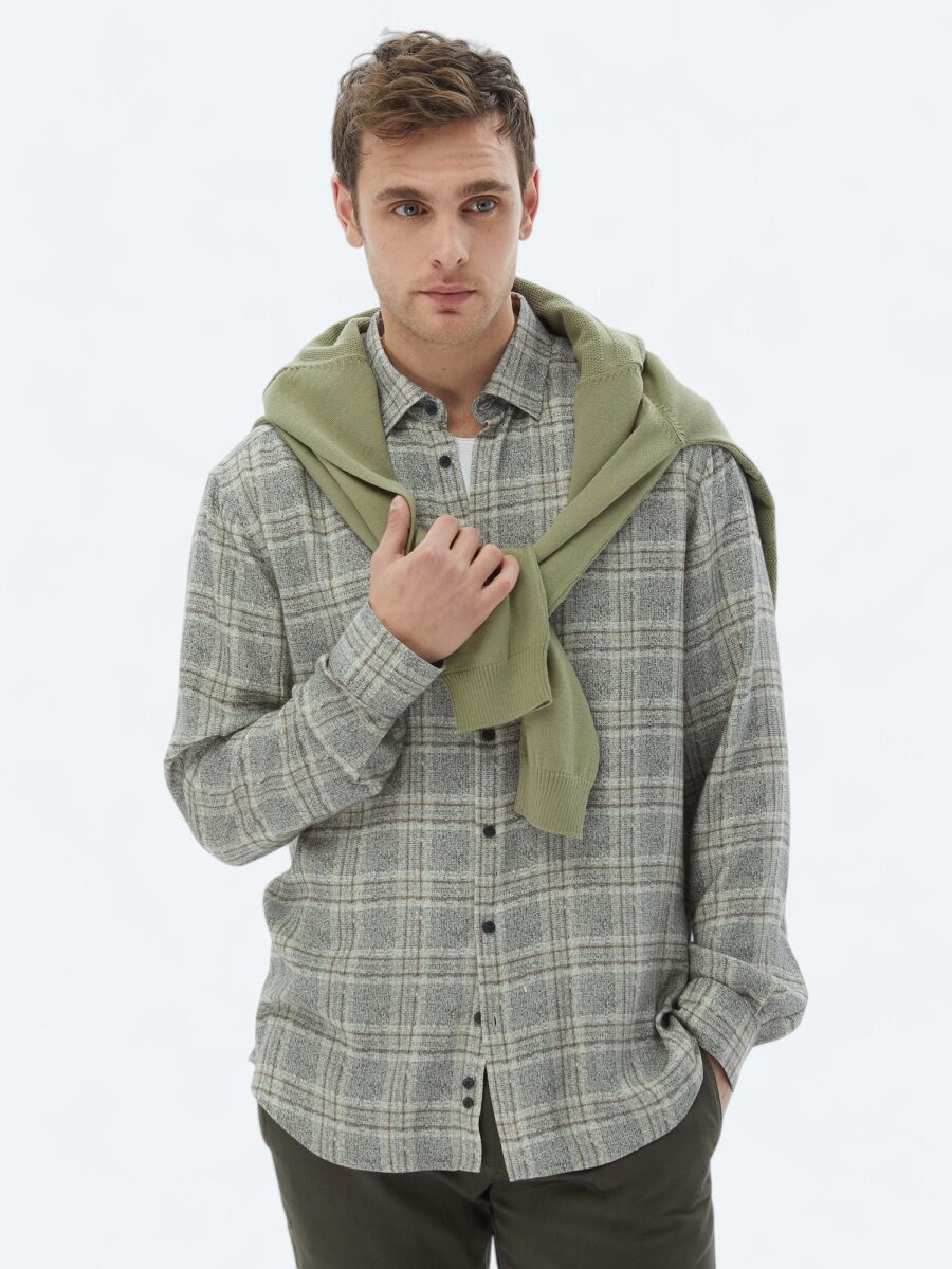 Beige Checkered Regular Fit Weaving Casual Shirt - 1