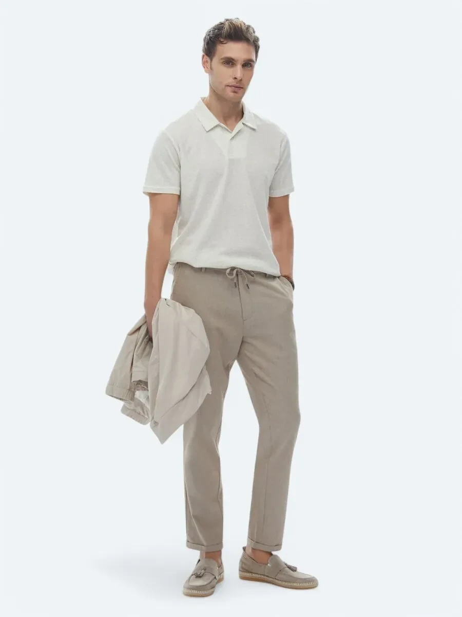 Beige Cuban Collar Linen Blended T-Shirt - 3