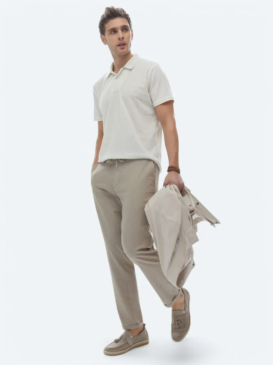 Beige Cuban Collar Linen Blended T-Shirt - 5