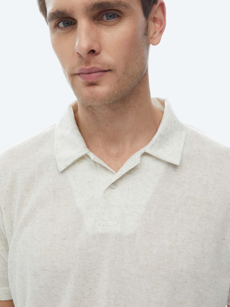 Beige Cuban Collar Linen Blended T-Shirt - 4