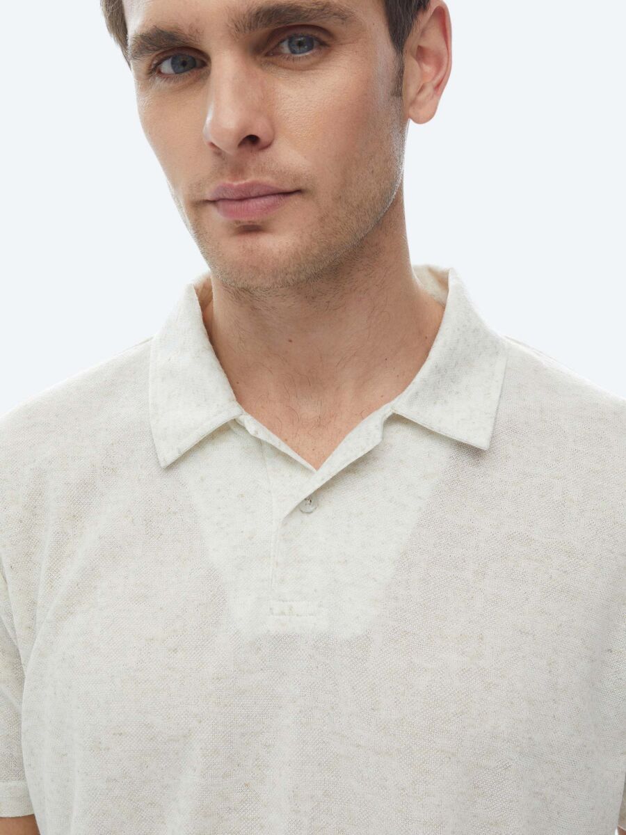 Beige Cuban Collar Linen Blended T-Shirt - 4