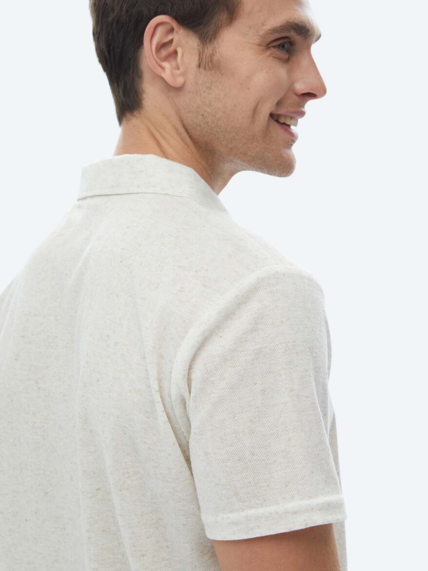 Beige Cuban Collar Linen Blended T-Shirt - 7