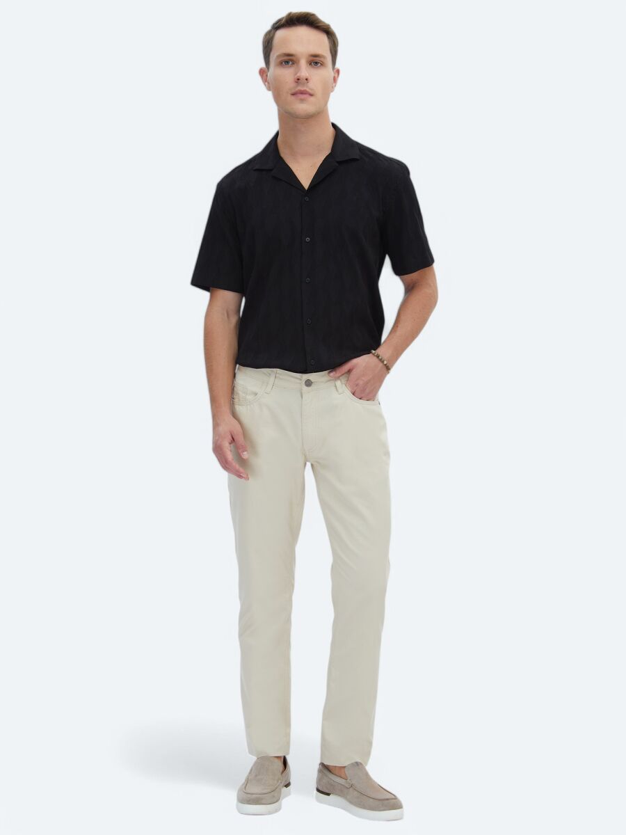 Beige Denim Slim Fit Casual Cotton Blended Trousers - 1
