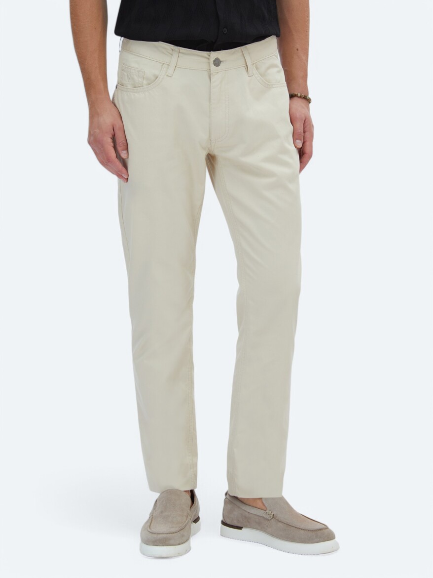 Beige Denim Slim Fit Casual Cotton Blended Trousers - 2