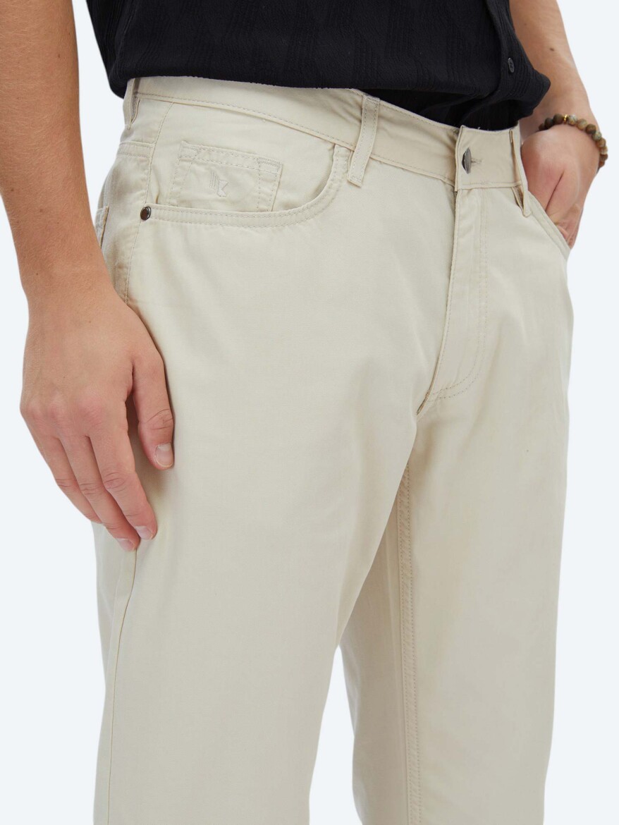 Beige Denim Slim Fit Casual Cotton Blended Trousers - 3