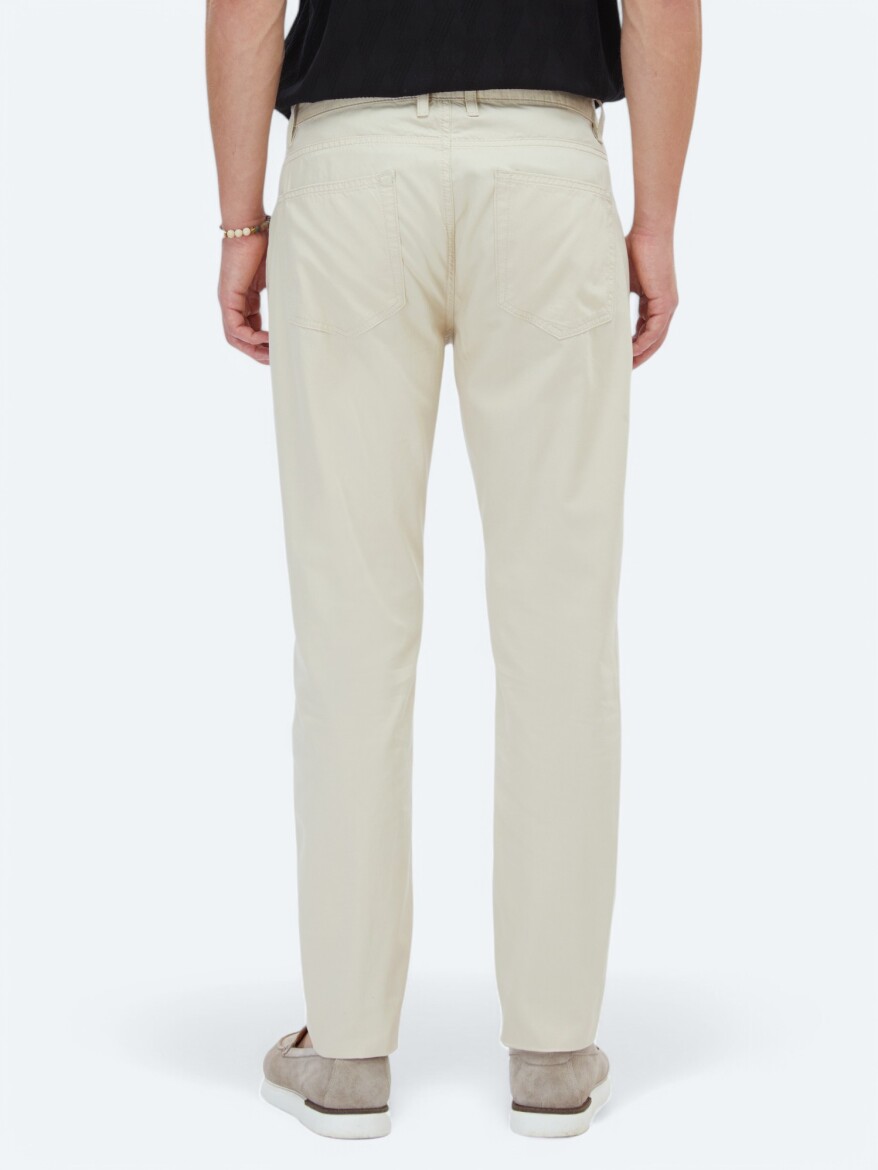 Beige Denim Slim Fit Casual Cotton Blended Trousers - 4