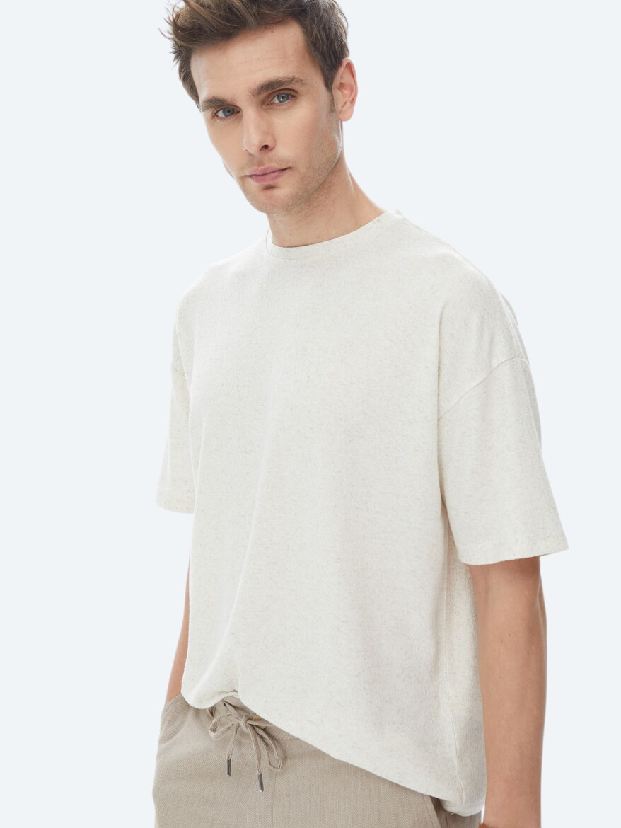Beige Jacquard Crew Neck Linen Blended T-Shirt - 1