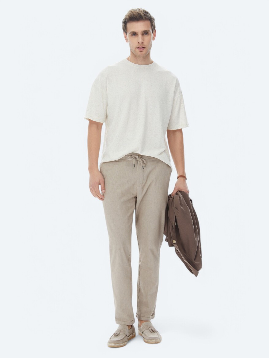 Beige Jacquard Crew Neck Linen Blended T-Shirt - 2