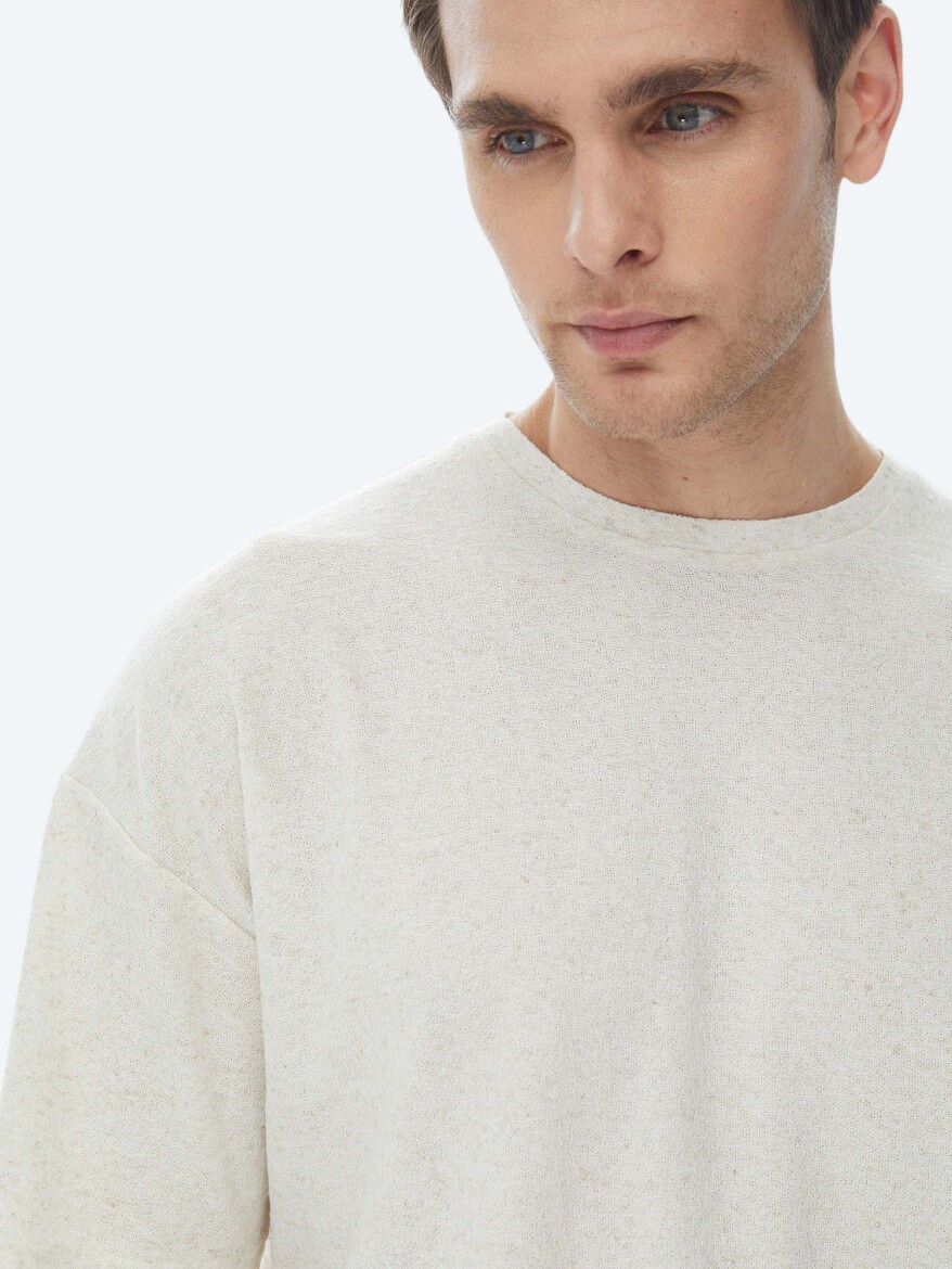 Beige Jacquard Crew Neck Linen Blended T-Shirt - 3