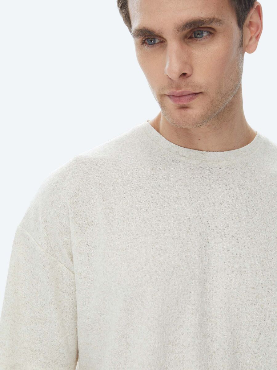 Beige Jacquard Crew Neck Linen Blended T-Shirt - 3
