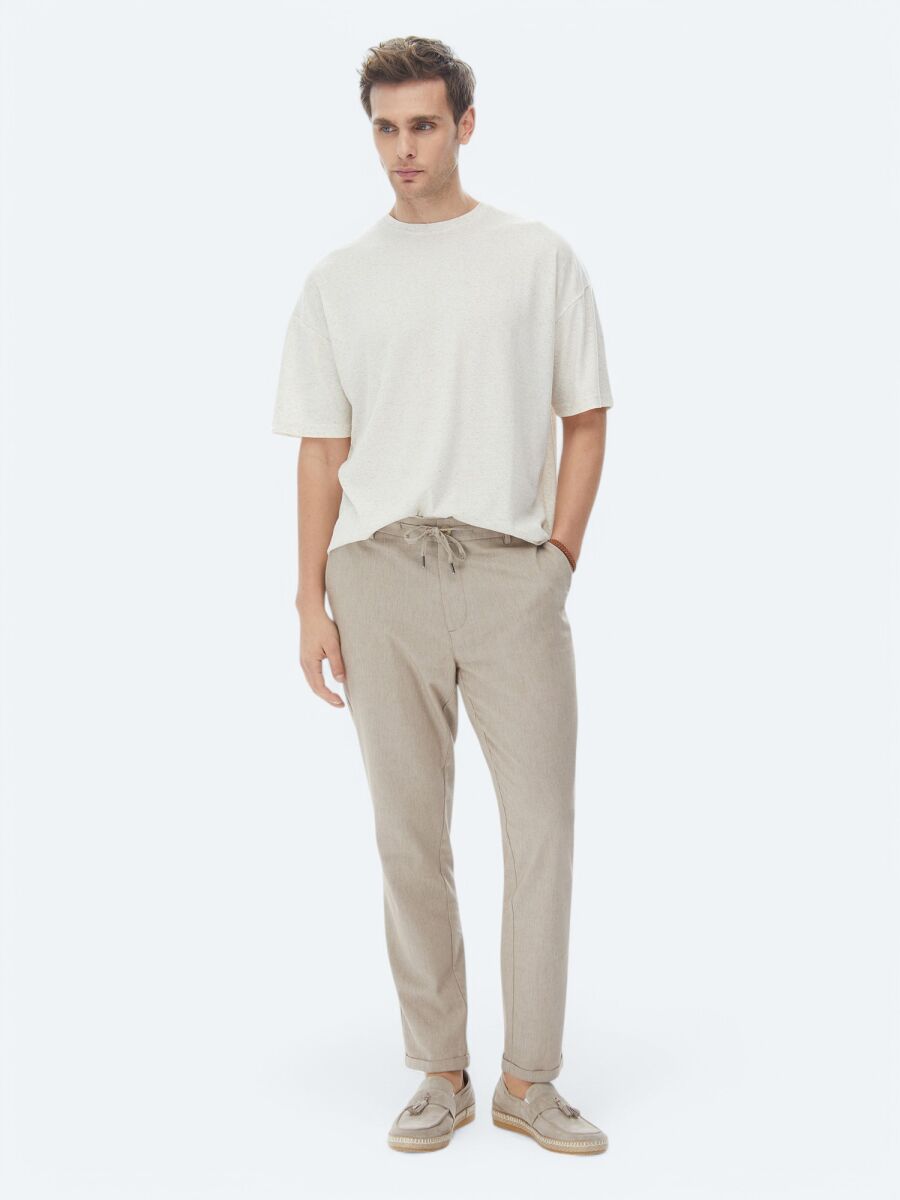 Beige Jacquard Crew Neck Linen Blended T-Shirt - 4