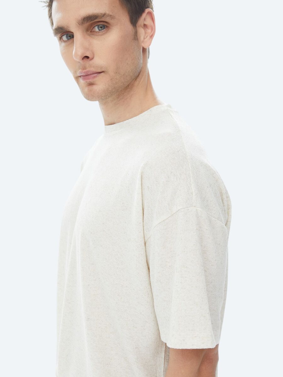 Beige Jacquard Crew Neck Linen Blended T-Shirt - 6