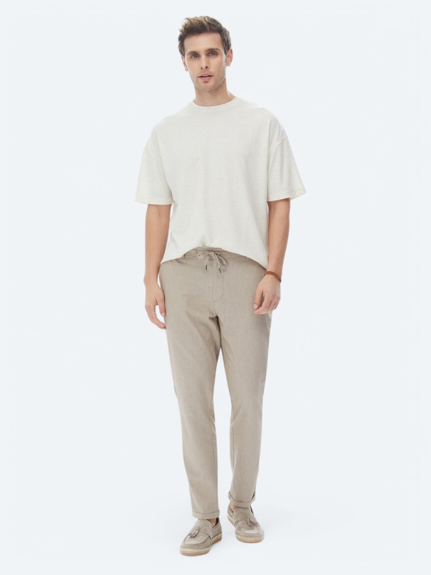 Beige Jacquard Crew Neck Linen Blended T-Shirt - 7
