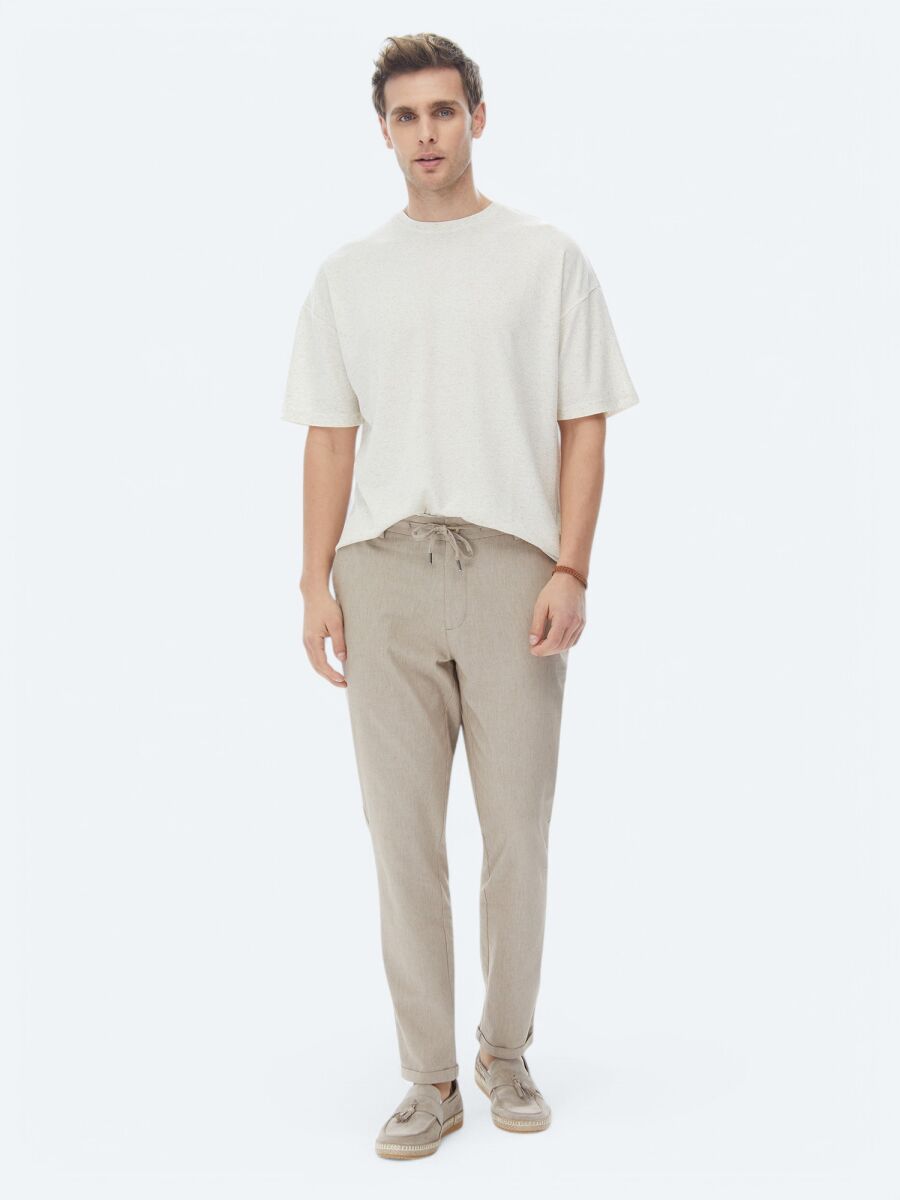 Beige Jacquard Crew Neck Linen Blended T-Shirt - 7