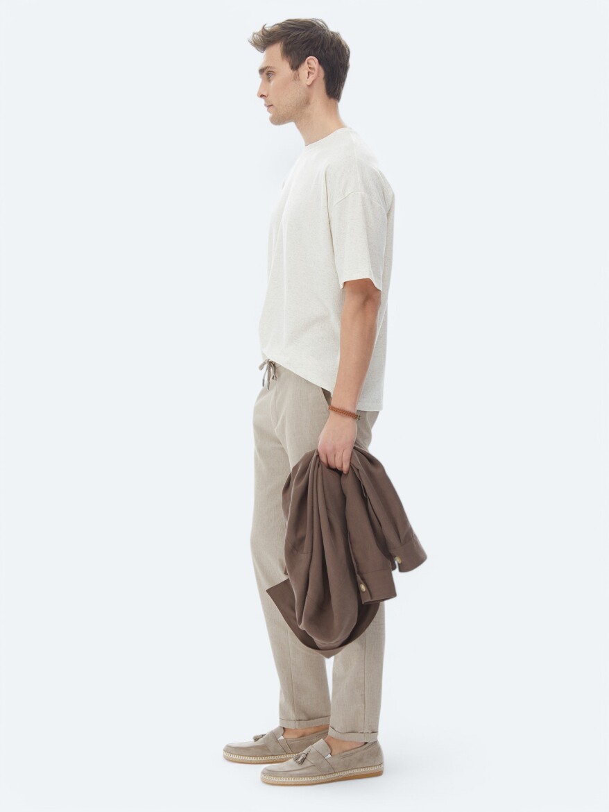 Beige Jacquard Crew Neck Linen Blended T-Shirt - 8