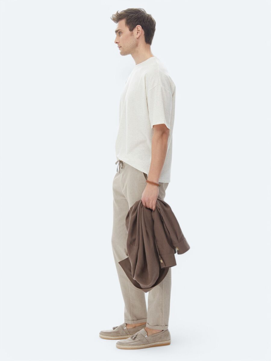 Beige Jacquard Crew Neck Linen Blended T-Shirt - 8