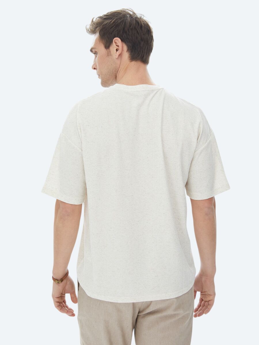 Beige Jacquard Crew Neck Linen Blended T-Shirt - 10