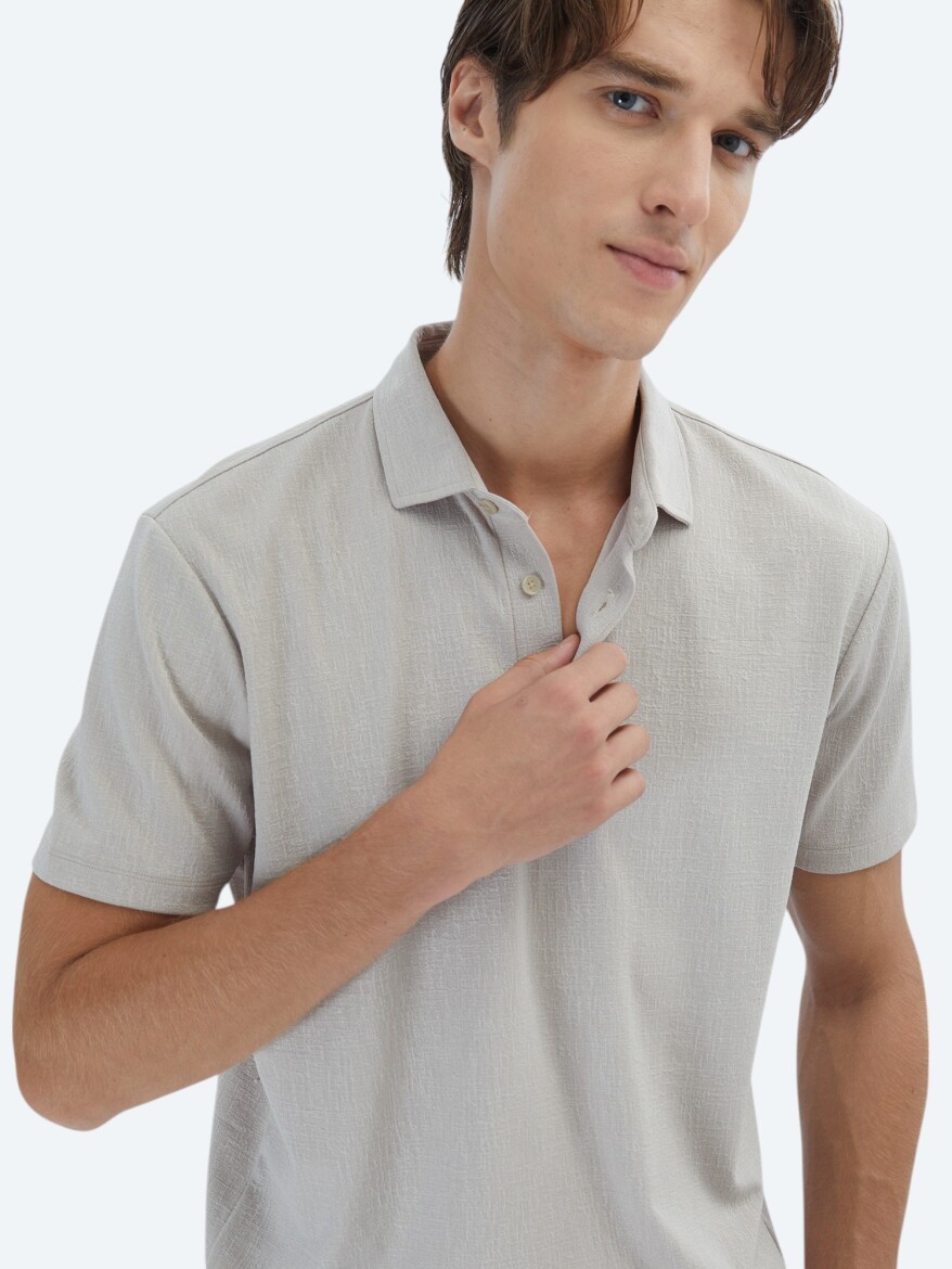 Beige Jacquard Polo Neck T-Shirt - 3