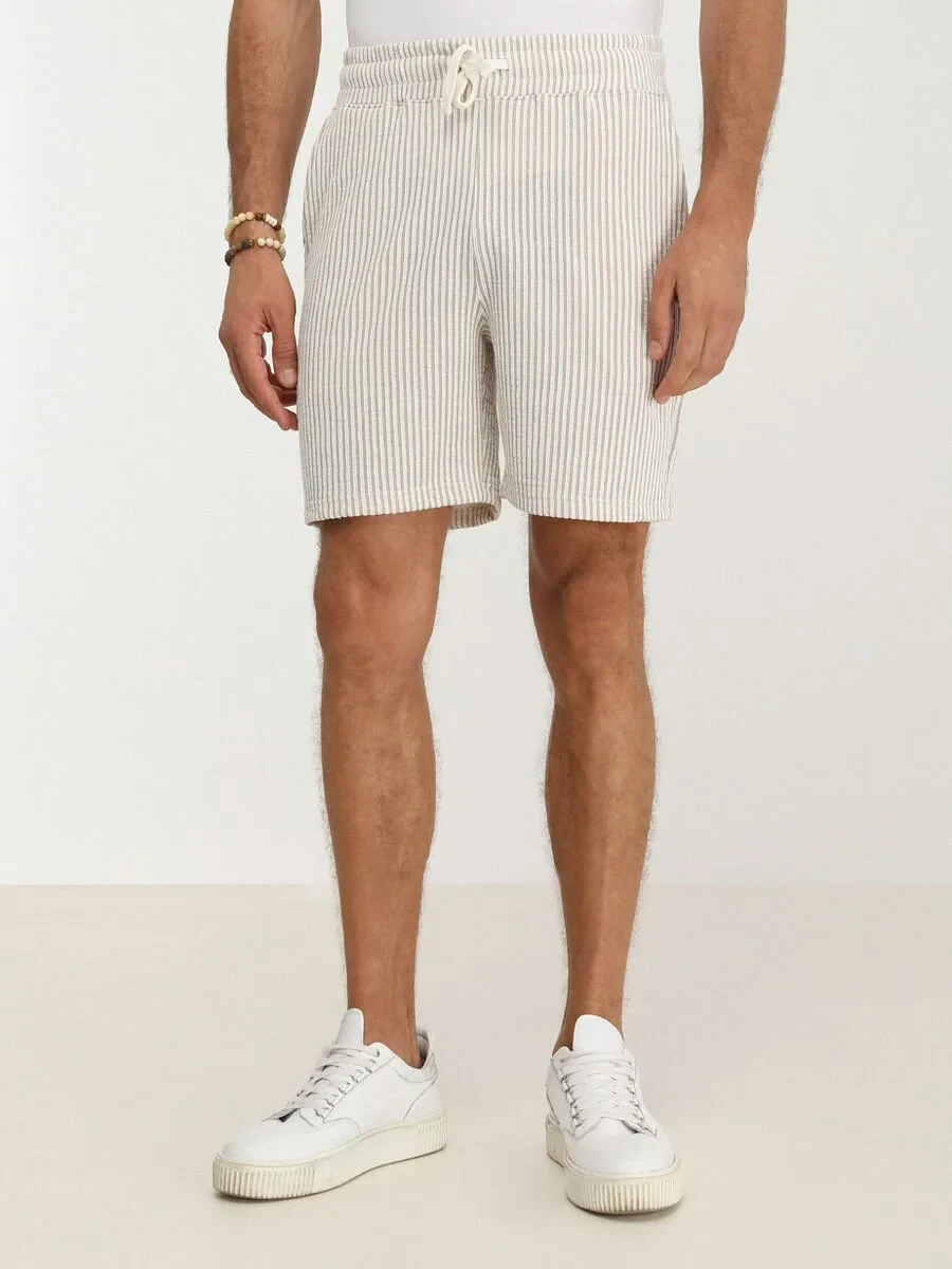 Beige Knitting Jogging Fit Sport Cotton Blended Bermuda - 1