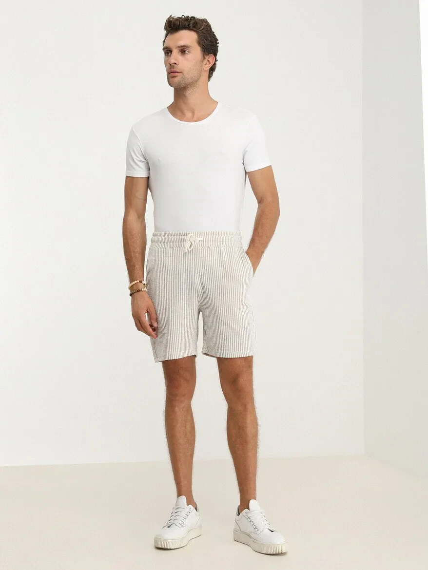 Beige Knitting Jogging Fit Sport Cotton Blended Bermuda - 2