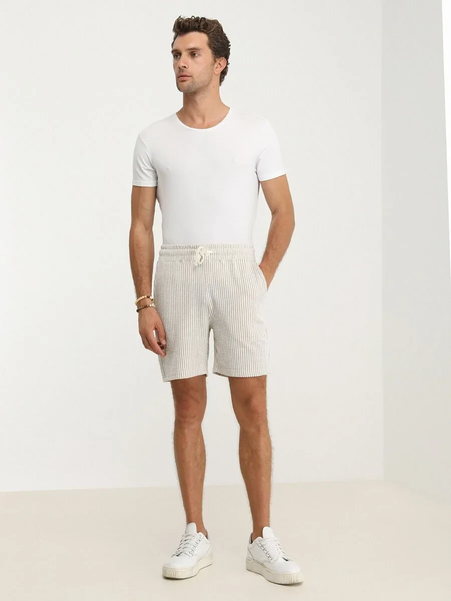 Beige Knitting Jogging Fit Sport Cotton Blended Bermuda - 2