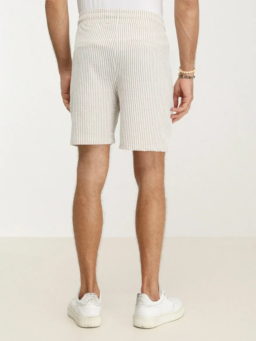 Beige Knitting Jogging Fit Sport Cotton Blended Bermuda - 4