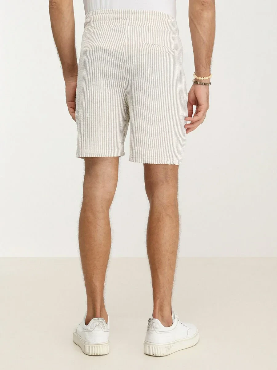 Beige Knitting Jogging Fit Sport Cotton Blended Bermuda - 4