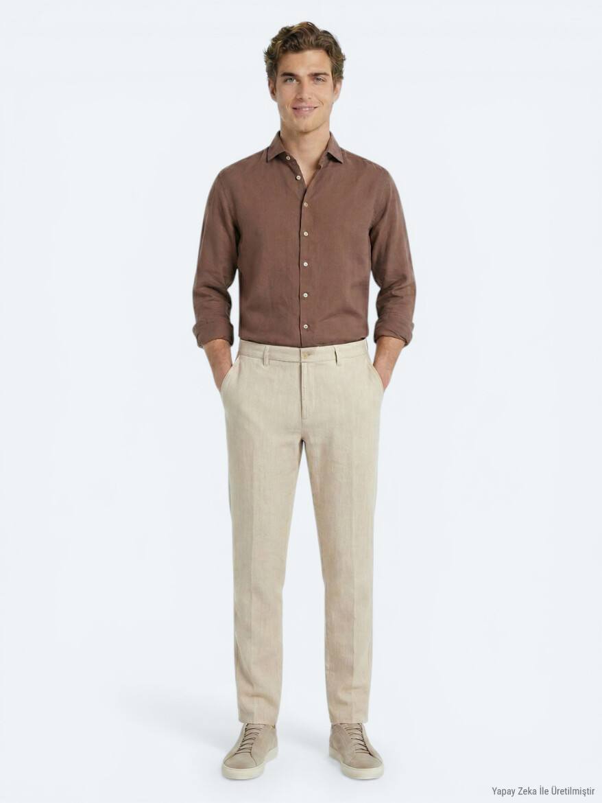 Beige Material Jogging Fit Casual 100% Cotton Trousers - KİP