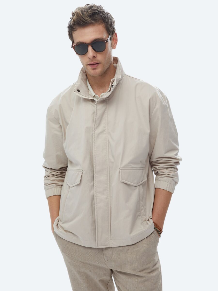 Beige Oversize Fit Turtleneck Casual Weaving Coat - 1