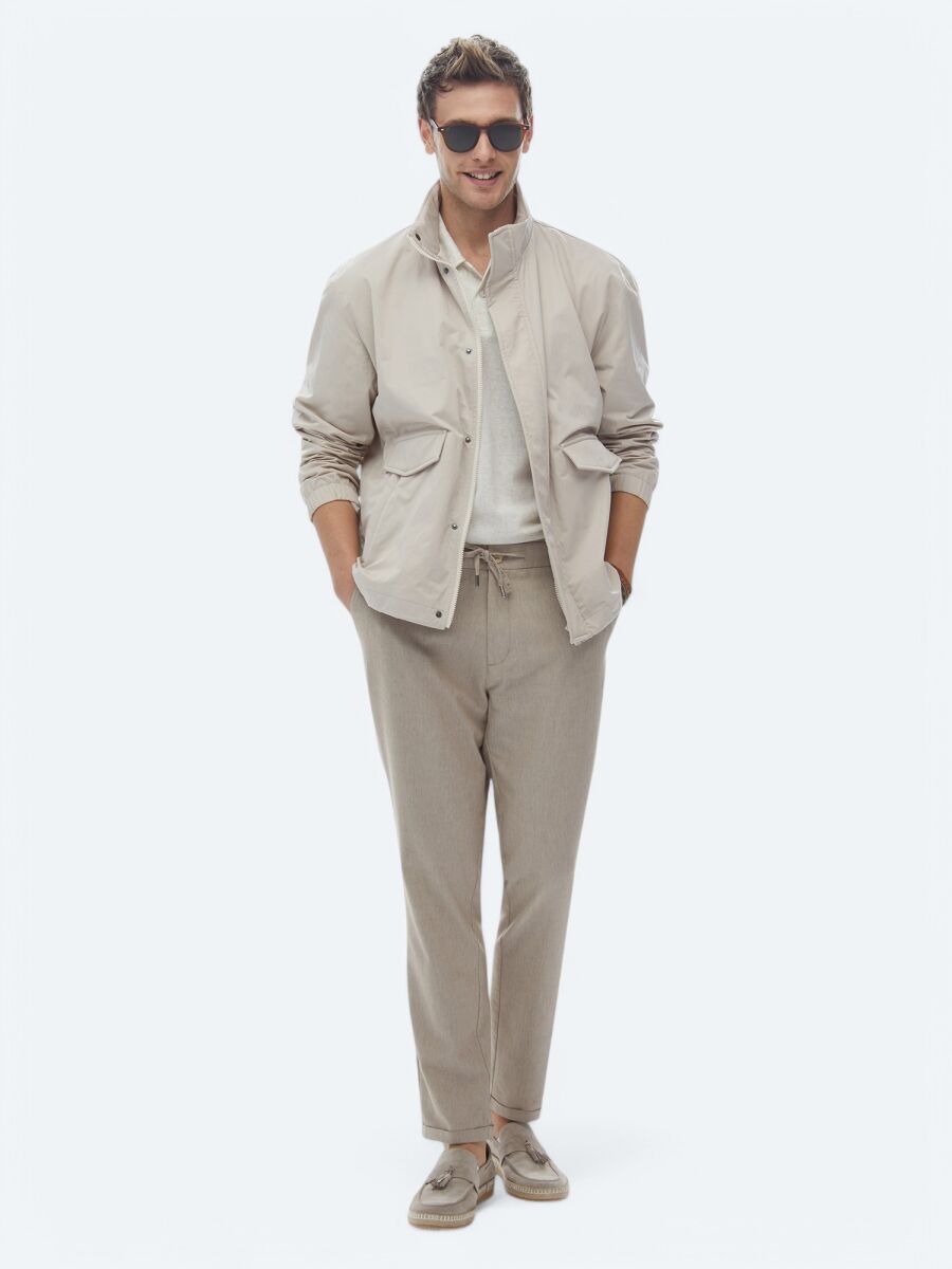 Beige Oversize Fit Turtleneck Casual Weaving Coat - 5