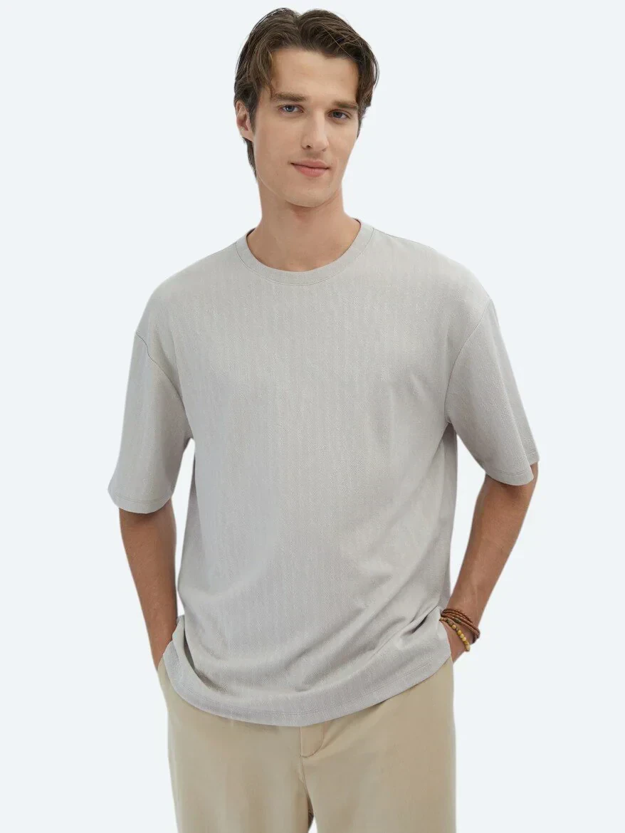 Beige Patterned Crew Neck T-Shirt - 1