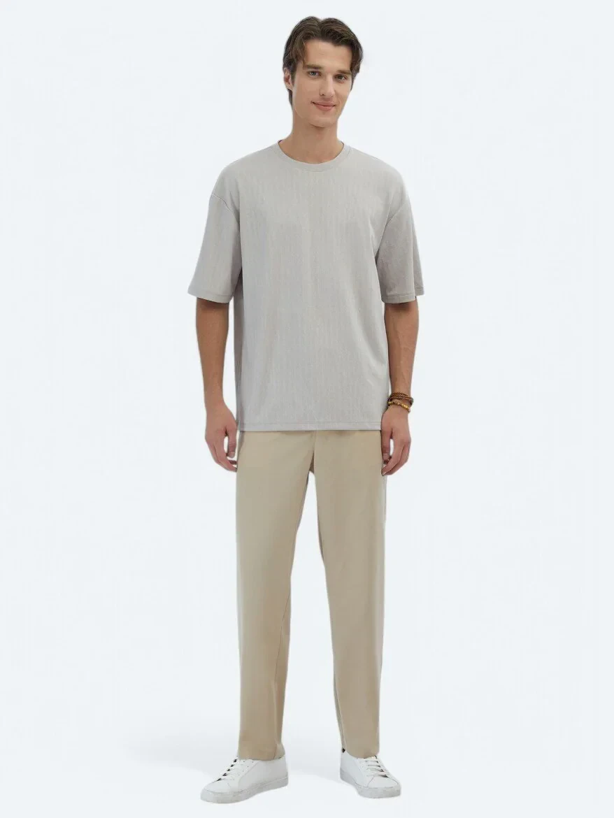 Beige Patterned Crew Neck T-Shirt - 2