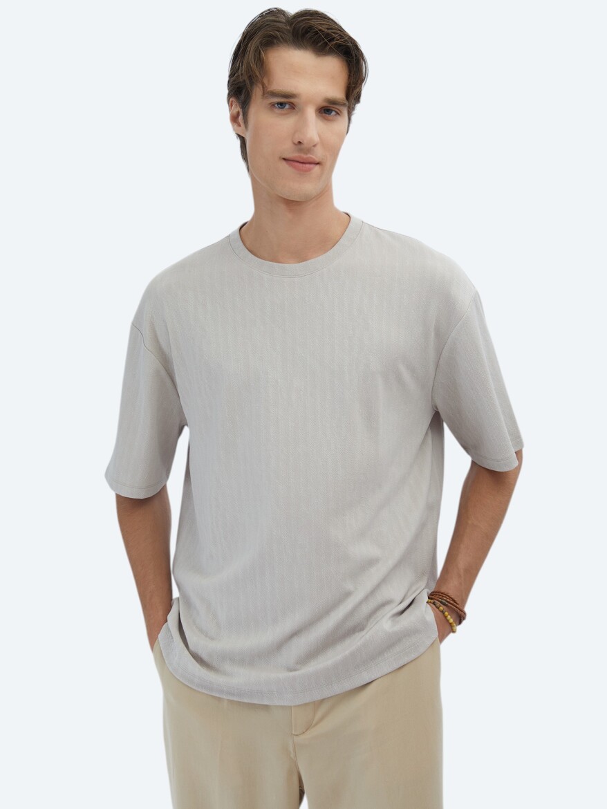 Beige Patterned Crew Neck T-Shirt - KİP