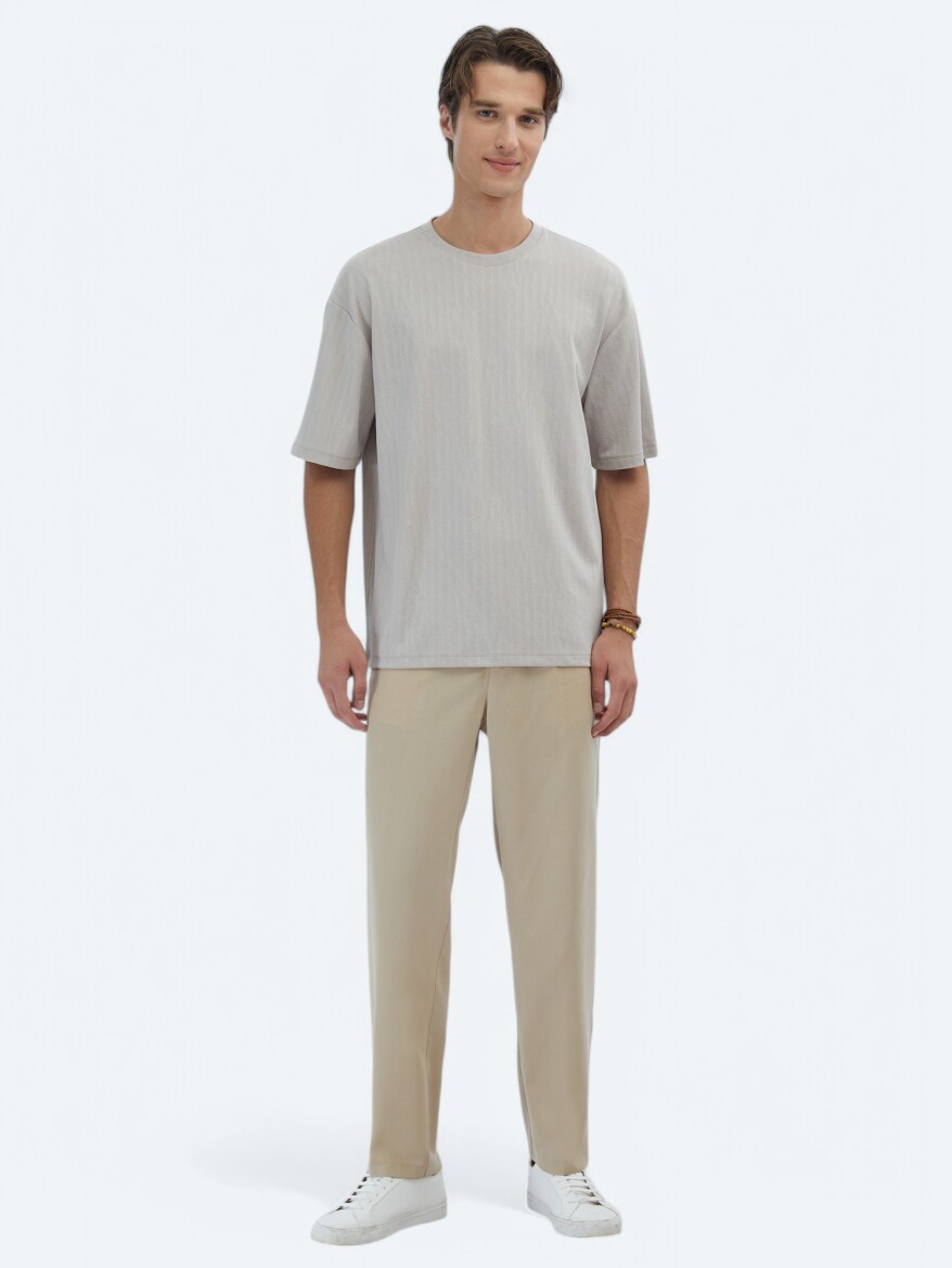 Beige Patterned Crew Neck T-Shirt - KİP