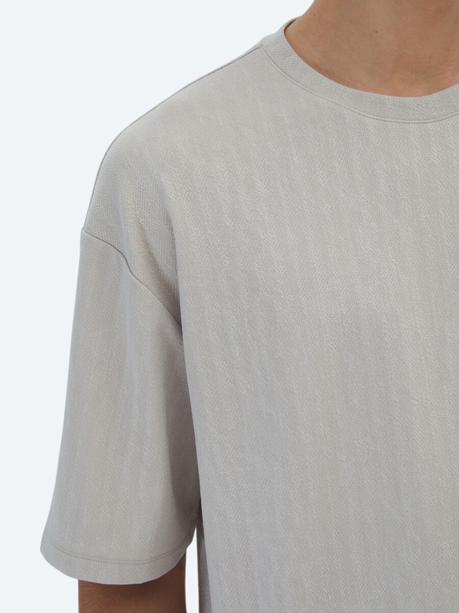 Beige Patterned Crew Neck T-Shirt - 4