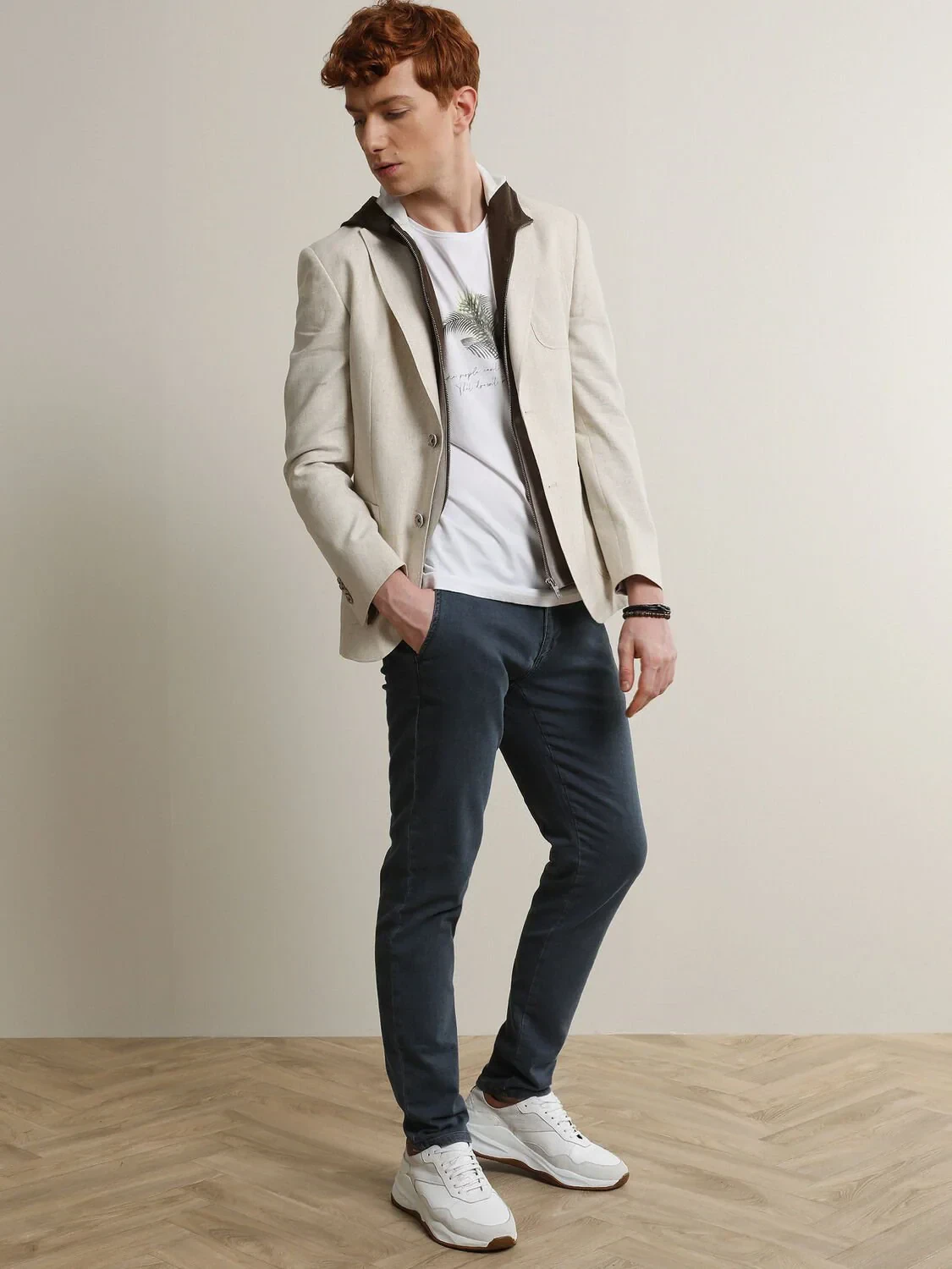 Beige Patterned Modern Fit Cotton Blended Jacket - 1