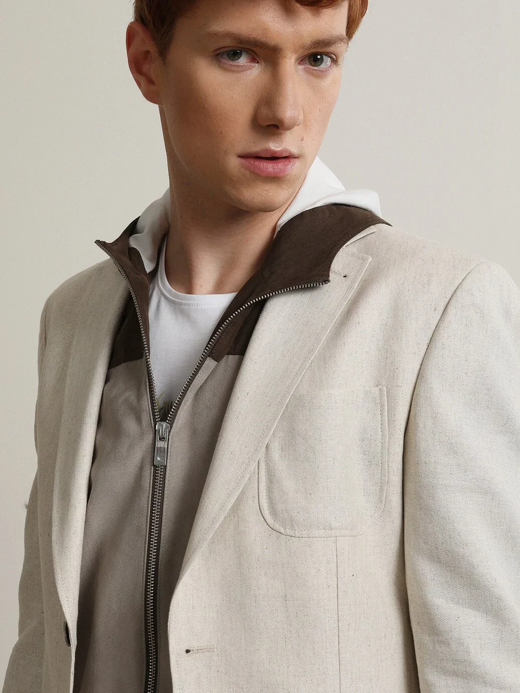 Beige Patterned Modern Fit Cotton Blended Jacket - 3