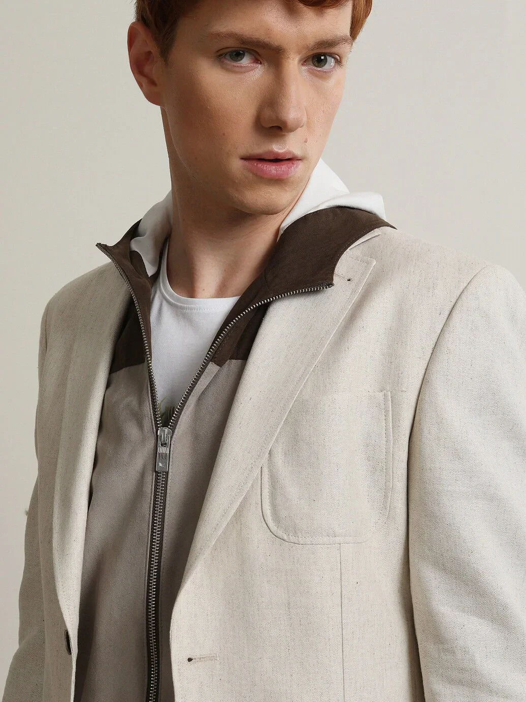 Beige Patterned Modern Fit Cotton Blended Jacket - 3