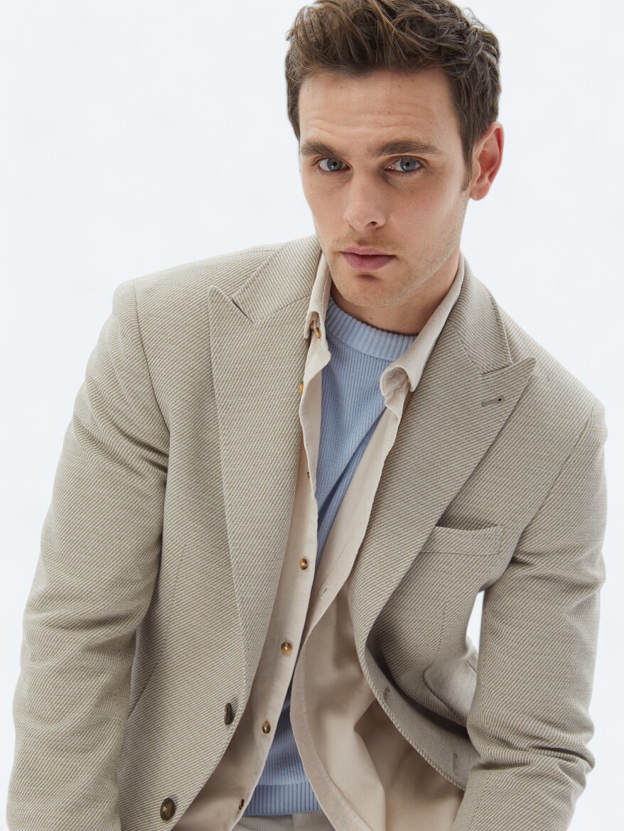 Beige Patterned Modern Fit Cotton Blended Jacket - 1
